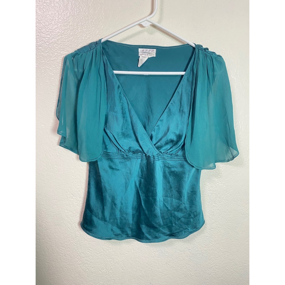 Vintage MSSP Max Studio Teal 100% Silk Babydoll V Neck Blouse Size M